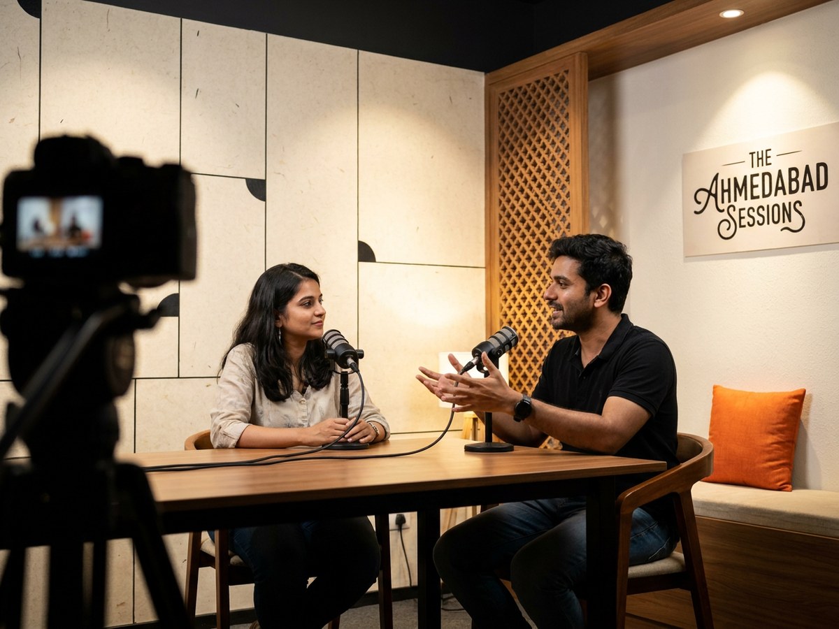 Podcast studio interior in Ahmedabad with broadcast lighting and multi-camera recording setup
